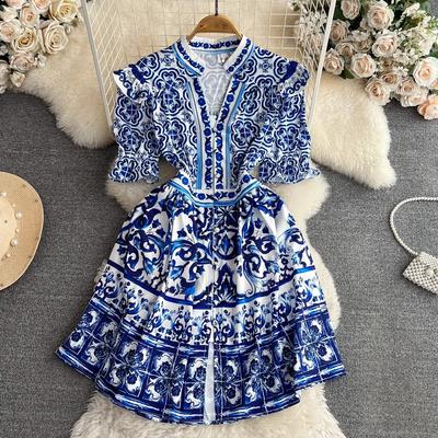Summer Runway Červené Modré Porcelánové Společenské šaty Dámské Výstřih S výstřihem Rukáv Volánky Knoflíky Květinový potisk Plážové minišaty