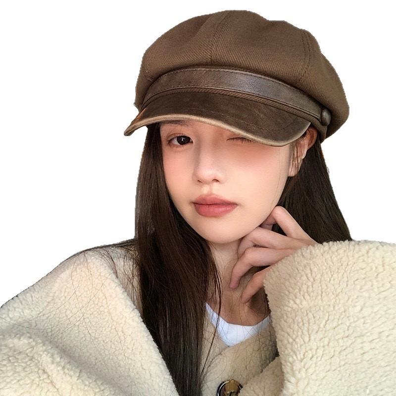 Leather Brim Old Beret Autumn and Winter Maillard Painter New Retro Octagonal Hat Newsboy Hat Shows Small Face