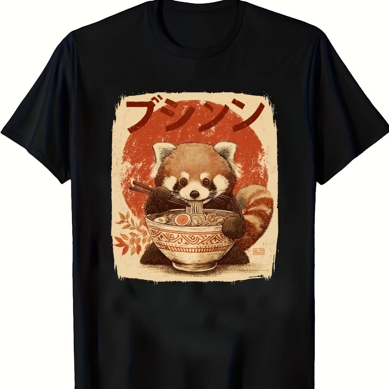 

Red Panda Eating RaUnisex Japanese Kawaii Anime Graphic Tee Casual Crew Neck T-Shirt For Unisex 4XL