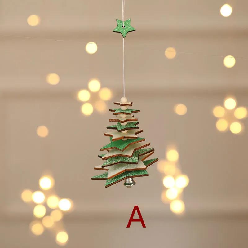 Christmas Wooden Bell Pendant, Creative Five Pointed Star Snowflake Christmas Tree Three-dimensional Small Hanging Decoration