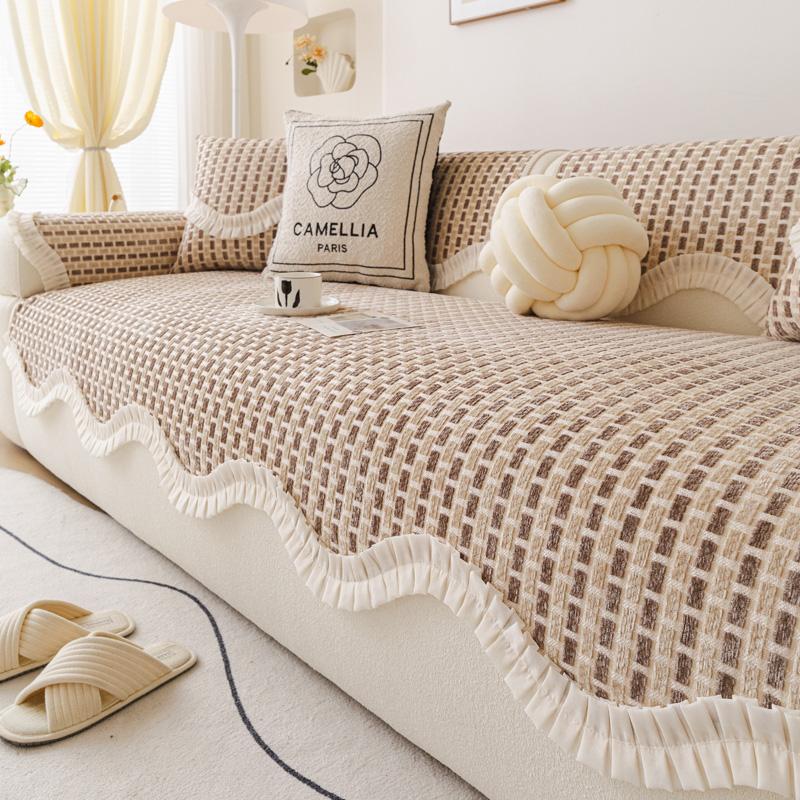 

Розкішний шениловий диванний рушник для вітальні, картатий нерегулярний чохол для L-подібного дивана, універсальна подушка для сидіння дивана на чотири сезони 70x70cm коричневий