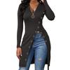 Women's Solid Color Long Sleeve Zip V Neck High Slit Long Ribbed Shirt