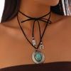 Vintage Denim Style Hat Turquoise Neck Chain Choker Ethnic Style Personalized Flannel Wrapped Necklace
