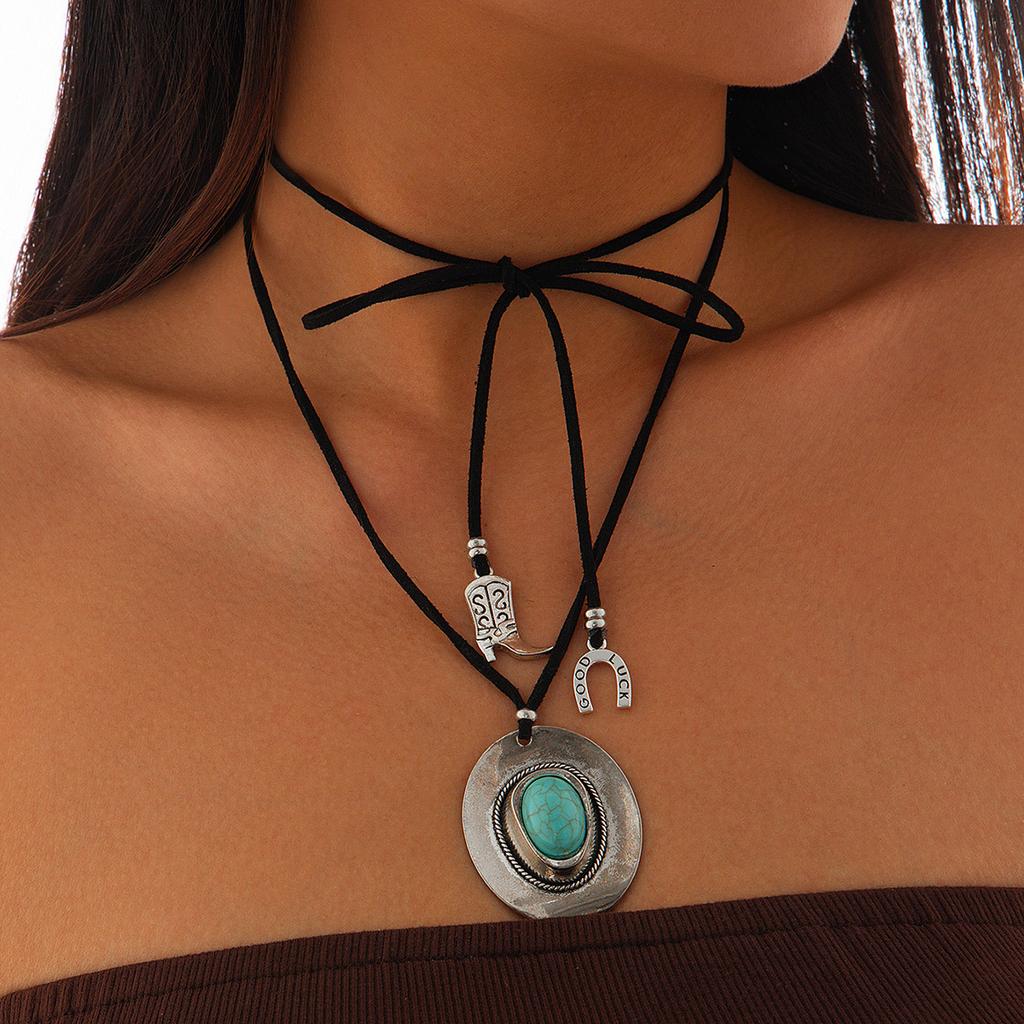 Vintage Denim Style Hat Turquoise Neck Chain Choker Ethnic Style Personalized Flannel Wrapped Necklace