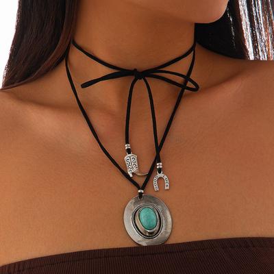 Vintage Denim Style Hat Turquoise Neck Chain Choker Ethnic Style Personalized Flannel Wrapped Necklace