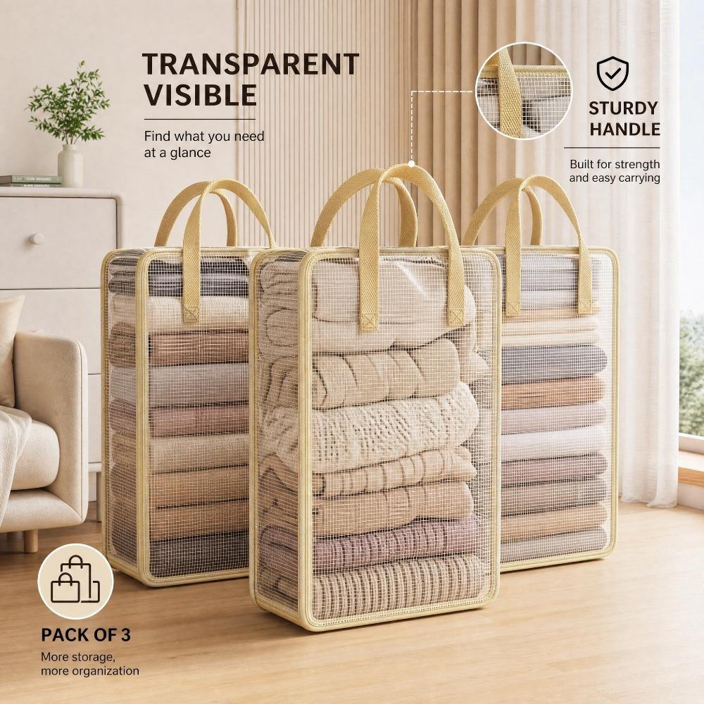 Clear Mesh Storage Boxes with Sturdy Handles, Foldable Breathable Visible Clothes Organizer Bin for Closet, Towels, Bedding & Household Sundries