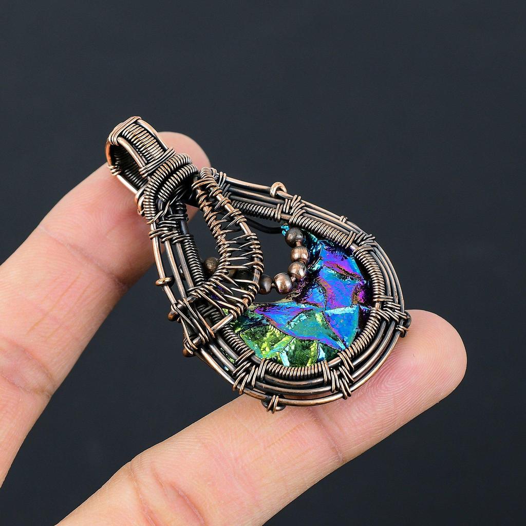 Titanium Moon Druzy Gemstone Pure Copper Wire Wrapped Handmade Pendant Jewelry