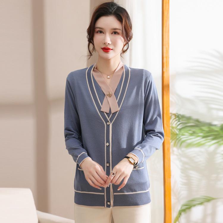 Mom Spring Two-Piece Set Middle-aged and Elderly Women's Fashion Long Sleeve Jacket Summer Versatile Knitted Short Sleeve Top