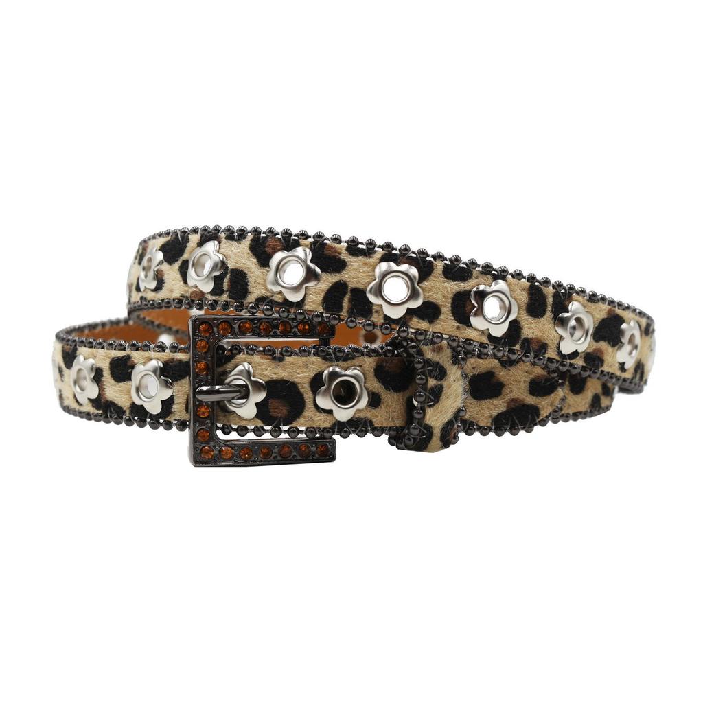 Luxury 2.3cm Leopard Print Leather Belt with Floral Eyelets & Rhinestones, No Punching Needed, Pin Buckle, Fully Diamond-Encrusted.