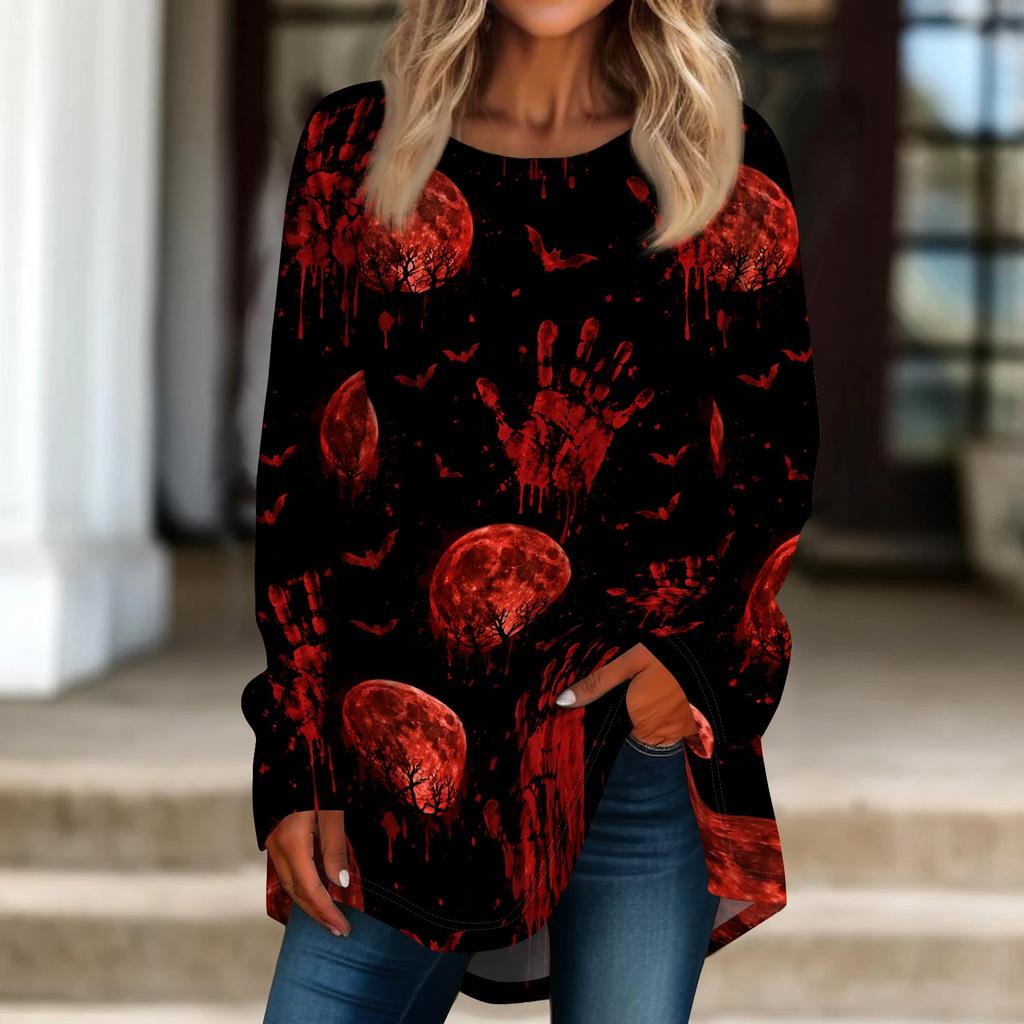 Women's Halloween Graphic Print Long Sleeve T-Shirt Loose Fit Round Neck Pullover