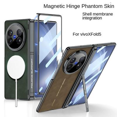 Vintage Busine Sle Leather Plated Gold Bezel Hinge Holder Built-in Magnetic Phone Case for VIVO X Fold 5 Camera Protection Cover
