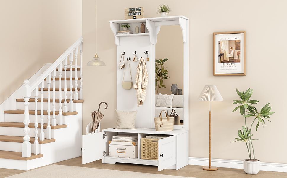 100*40*180cm Hallway Wardrobe with Mirror, 5 Coat Hooks, 2 Cabinets and Shelf, Hallway Coat Stand Clothes Rack with Shoe Cabinet, White