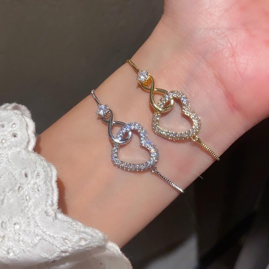 Gold Plated Zircon Heart Bracelet - Retro Korean Fashion, Elegant Women's Jewelry