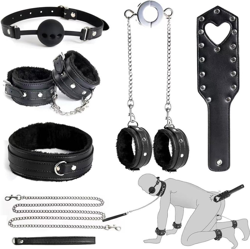 Male Handcuff Bondage Sex Toy Set Men Dildo Restraint Gears Mouth Gag Ass Spank Legcuffs 18+ Couple SM Slave Game Leash Set