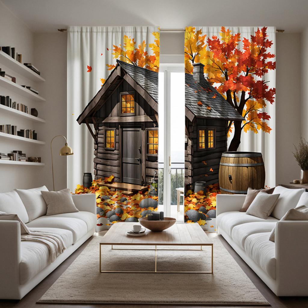 2pcs  HD autumn wooden house under maple tree decorative curtain Yellow tie digital printed curtain Home decoration style deco