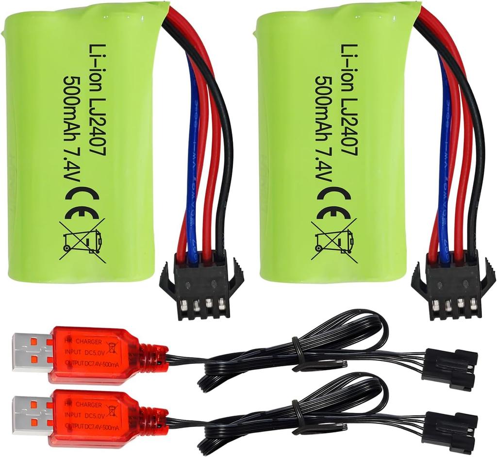 2x High-Speed Lithium Batteries 7.4V 500mAh – Compatible with EC16 DE85 for RC Boat, Ship Model, Car – with USB Charger