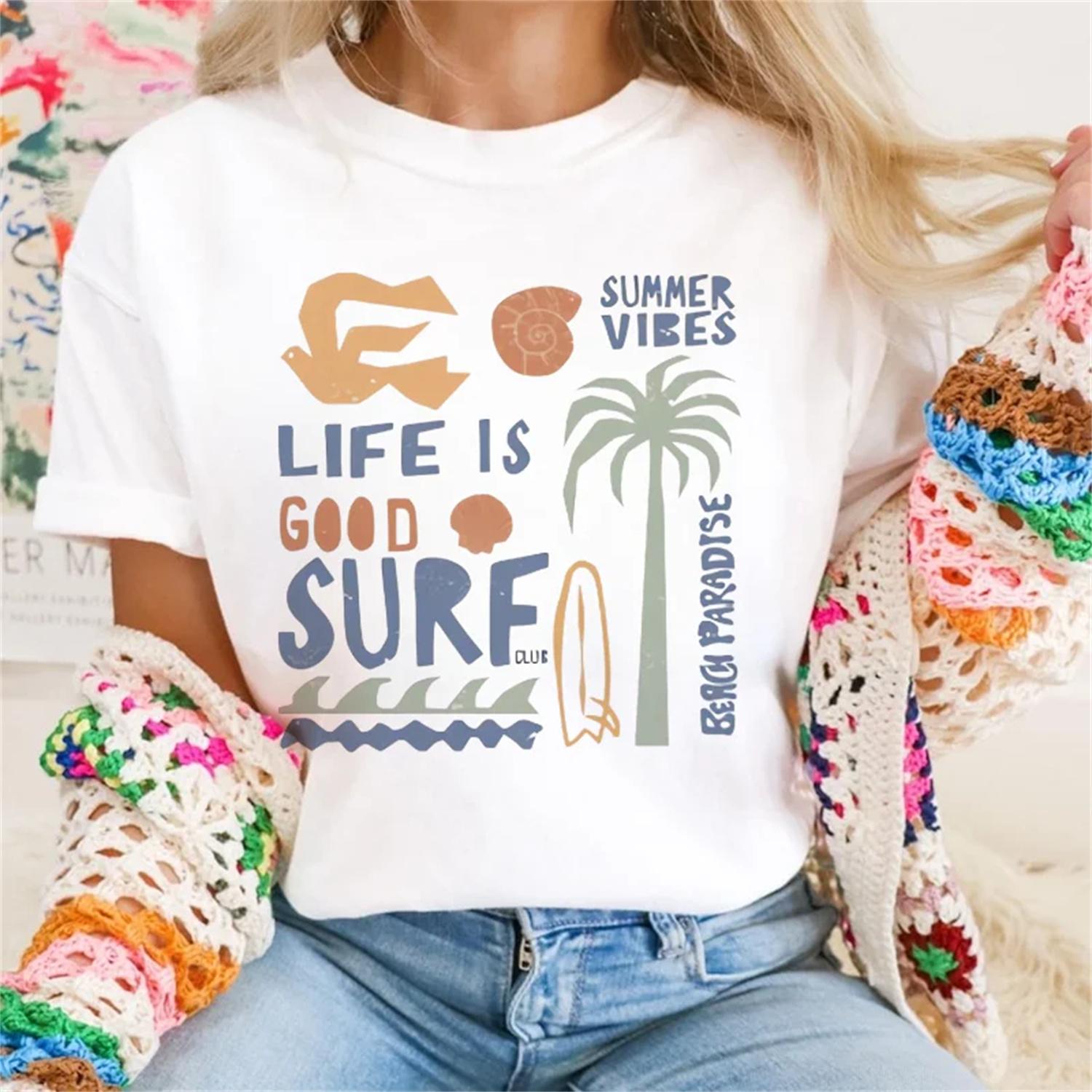 

Surfing Club Cartoon Pattern Short Sleeve O-Neck Printed Top Basic T-Shirt Fashion Trend Summer Women s Casual Beach T-Shirt XXXXXL білий