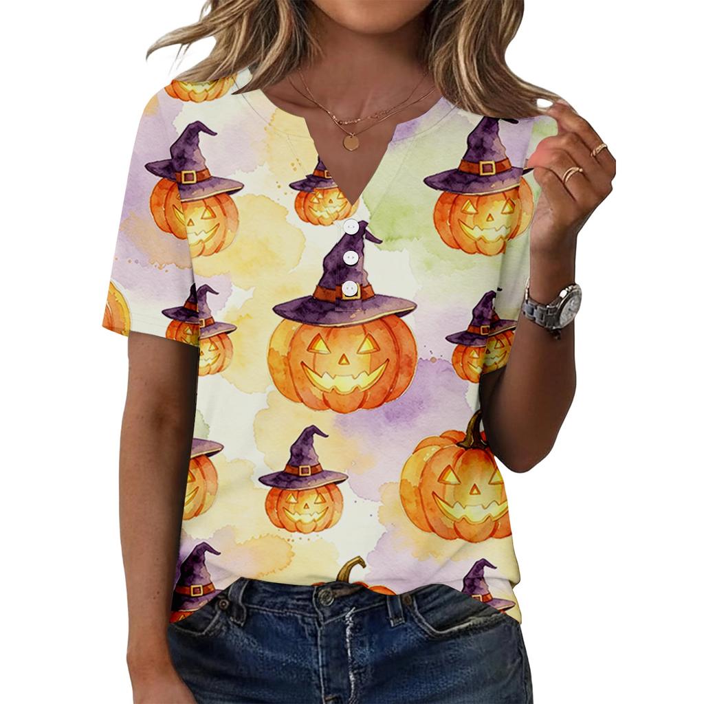 Women's Halloween Print V Neck Short Sleeve Button Front T Shirt Casual Fashion Top for Everyday Wear and Seasonal Events