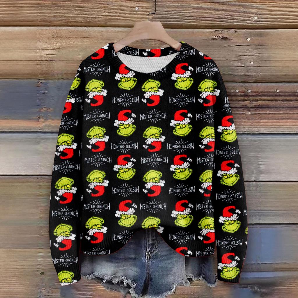 Long Sleeve Pullover Sweaters For Women O Neck Casual Cute Printing Knit Oversized Sweater