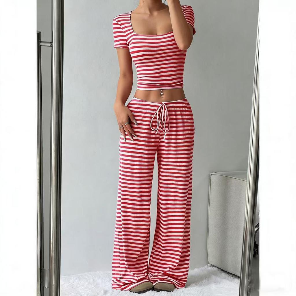 2026 Spring/Summer New Striped Top High-Waisted Slimming Wide-Leg Pants Women's Casual Suit