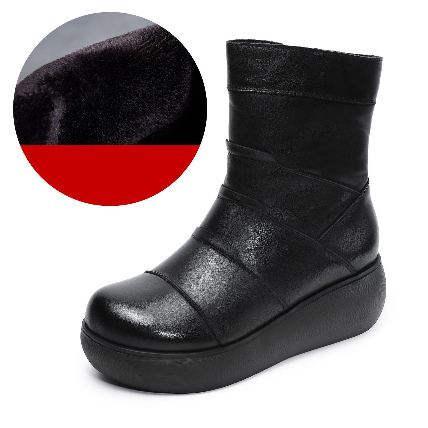 

Johnature Genuine Leather Wedge Short Boots Warm Plush Thick Sole Versatile Retro Side Zipper Women s Boots 40