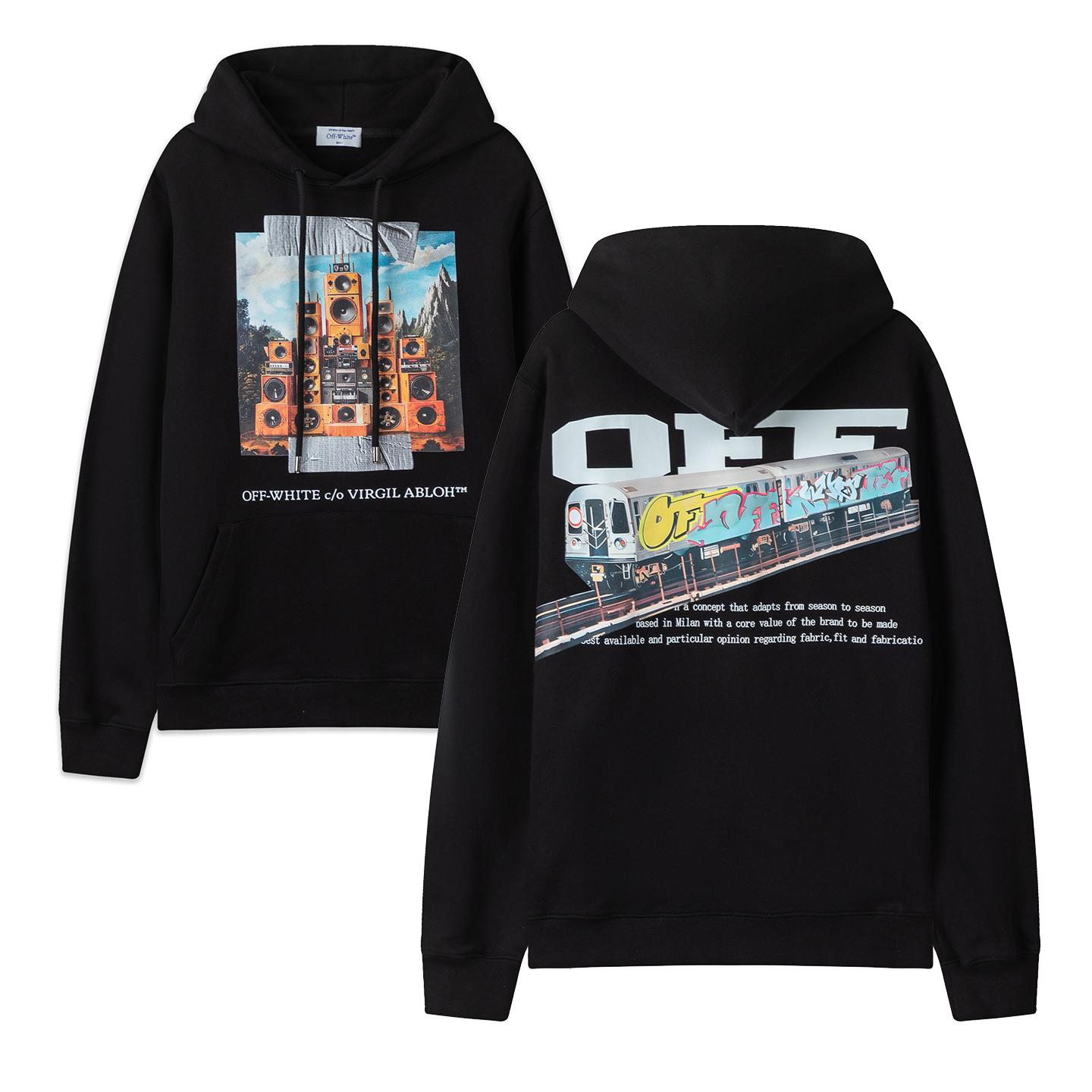 

Off-White 2025 Autumn/Winter New Audio Train Printed Pattern Hoodie Hoodie for Men and Women XL чорний