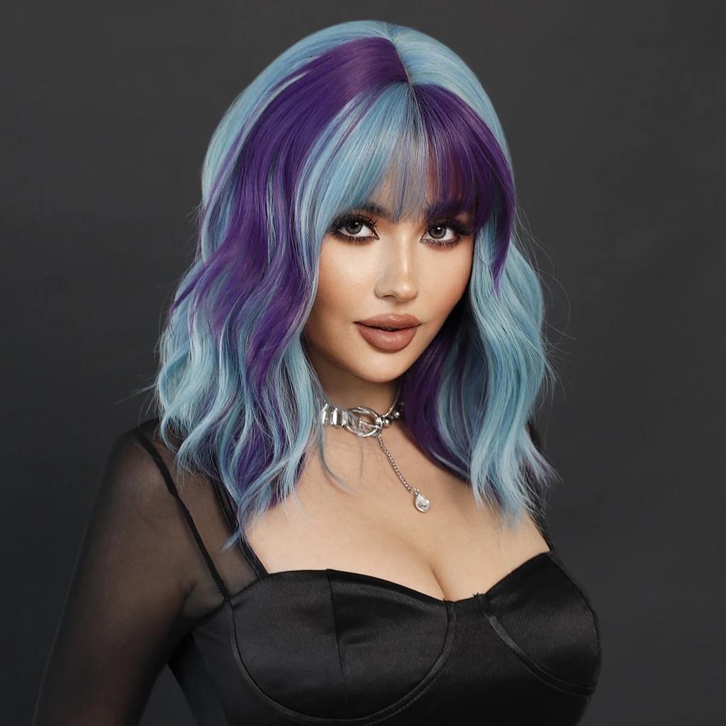 Professional  Synthetic Body Wavy Light Blue Hair Wig with Bangs for Women Daily Party High Density Middle Length Highlight Purple Wigs