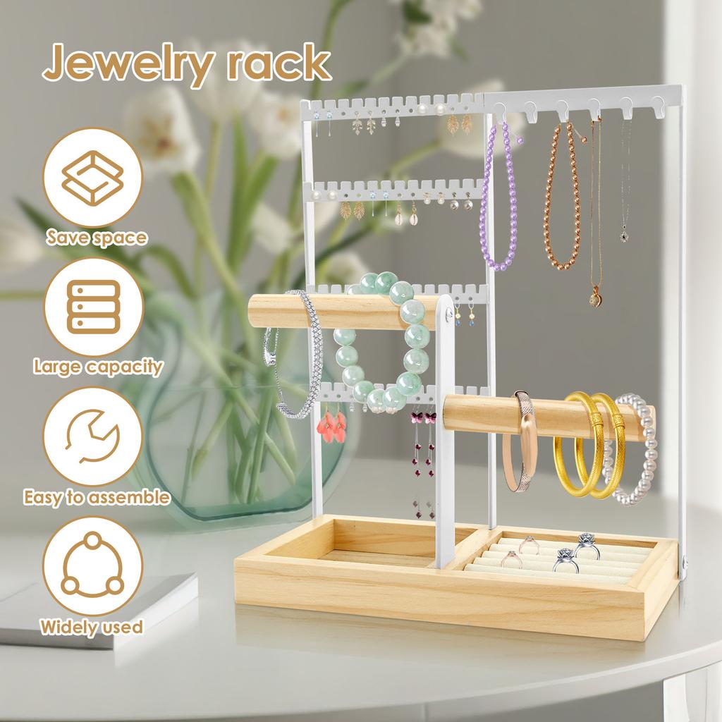 4 Tier Jewelry Organizer Stand Jewelry Display Holder with 48 Holes 6 Hook Earring Ring Bracelet Stand Rack for Table Countertop