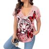 V-neck Casual Animal Print Fashionable Short-sleeved T-shirt for Women