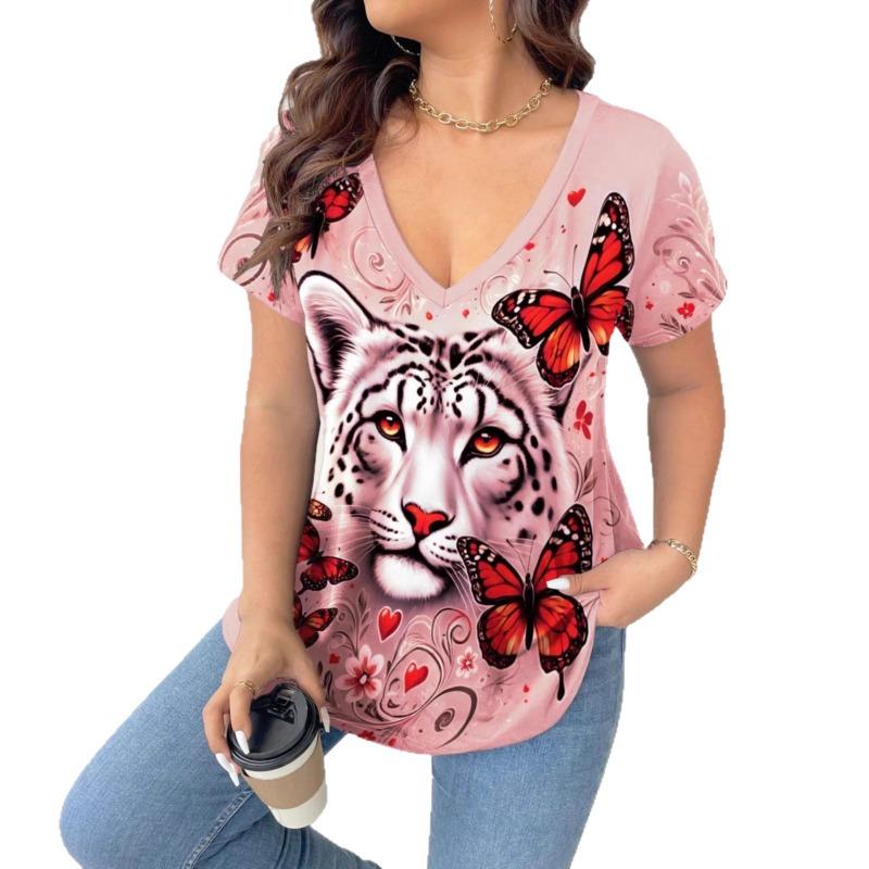 V-neck Casual Animal Print Fashionable Short-sleeved T-shirt for Women