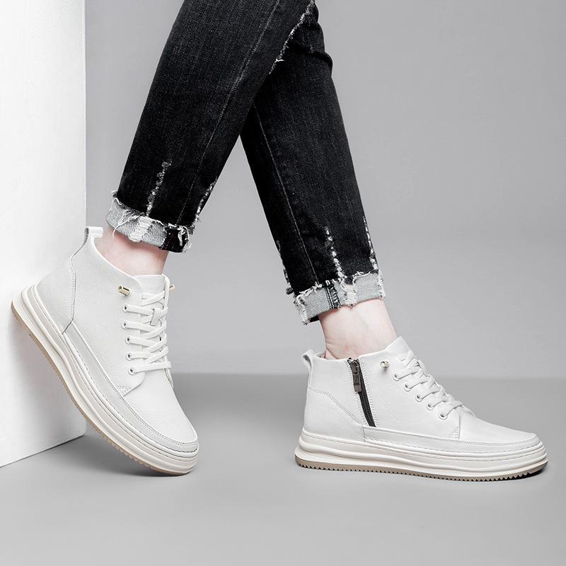 Men's Mid-Top Round Toe Lace-Up Leather Casual Shoes with Height Boost
