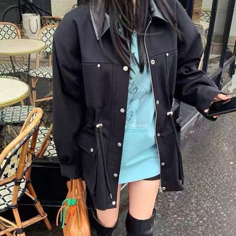 

Contrast Color Connection Lapel Mid-Length Trench coat Women Spring and Autumn Rope Waist Slimming Temperament Large Pocket Design Sense Outerwear Black S