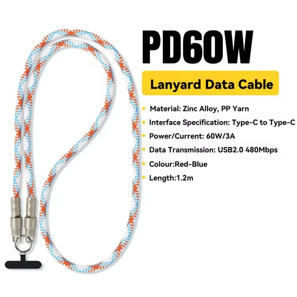 Essager 2 In 1 Type-C C To Type-C Fast Charging Cable Data Cord with Neck Straps Lanyard 60W PD Cable For iPhone Samsung Huawei