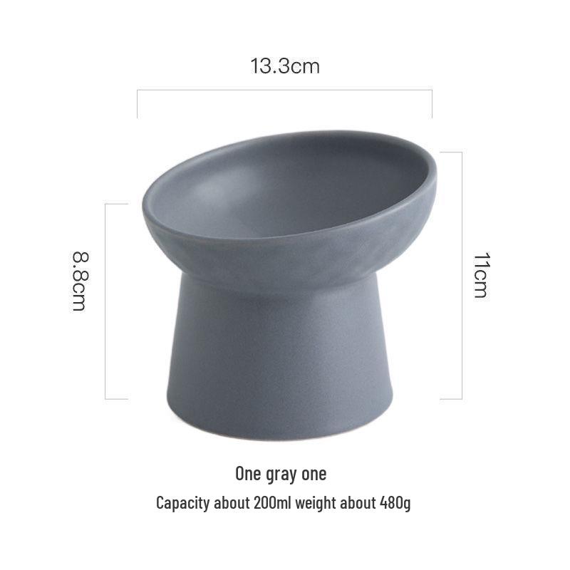 Ceramic Slanted Cat Bowl, High-Sided for Cervical Spine Protection, One-Piece Design.