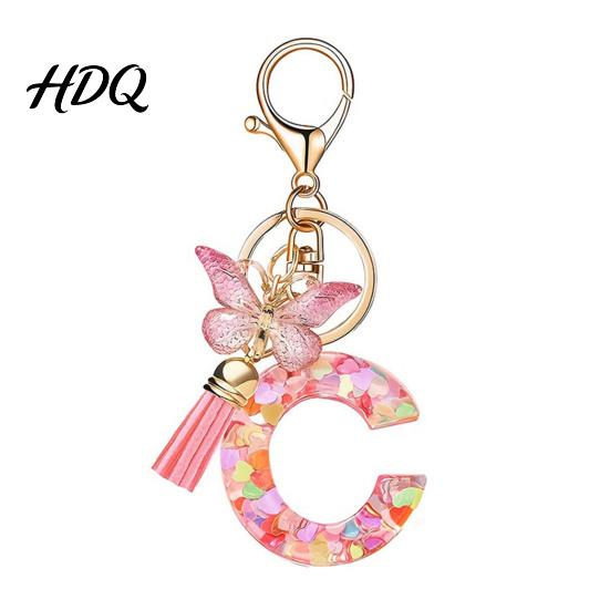 Compact Keychain Pink Series Pendant Sequins Heart Initial Letter Charm Key Chain