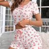 European & American Sexy Floral Print Rib-Knit Pajama Set with Camisole and Shorts
