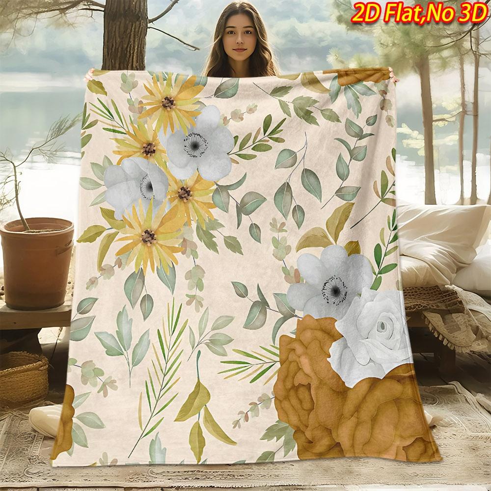 1pc 2D Flat Printing Spring & Summer New Arrival Warm Tone Vintage Floral Branch and Leaf Theme Digital Print Blanket, Soft and Comfortable 100% Polye