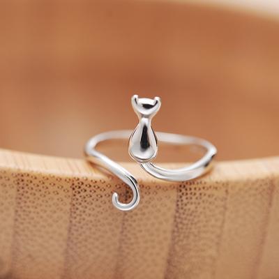 S Silver Cute Cat Rings for Women Sticky Cat with Long Tail Adjustable Ring Elegant Simple Handmade Animals Jewelry