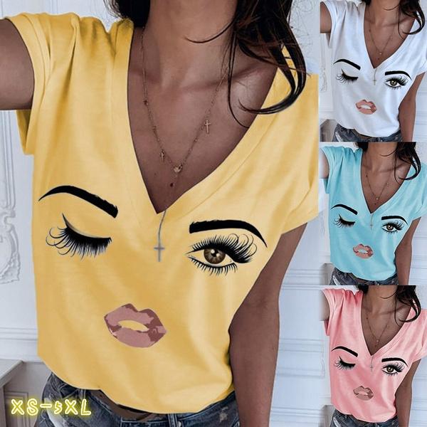 Women Causal Short Sleeve Eye Lip Print Graphic Tee Shirts Plus Size V Neck Plus Size Tshirts Tops Fashion Cute Funny Blouse Shirts