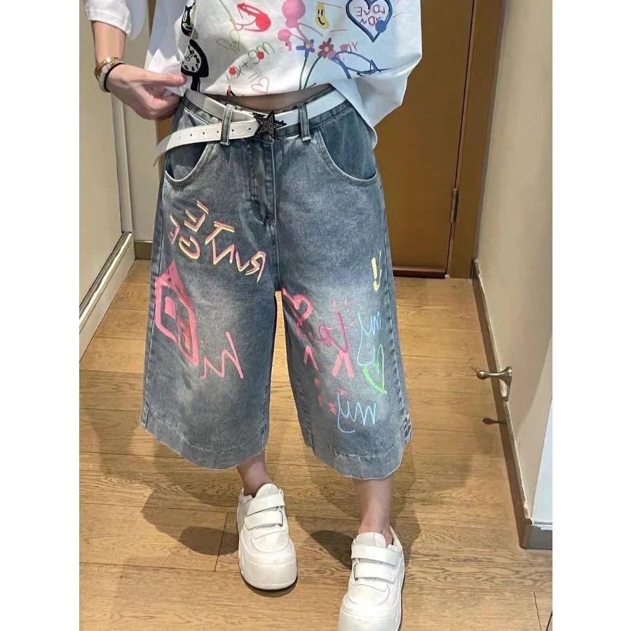 Women s High Rise Denim Capri Pants Wide Leg Loose Fit Streetwear Graffiti Printed Cropped Jeans S