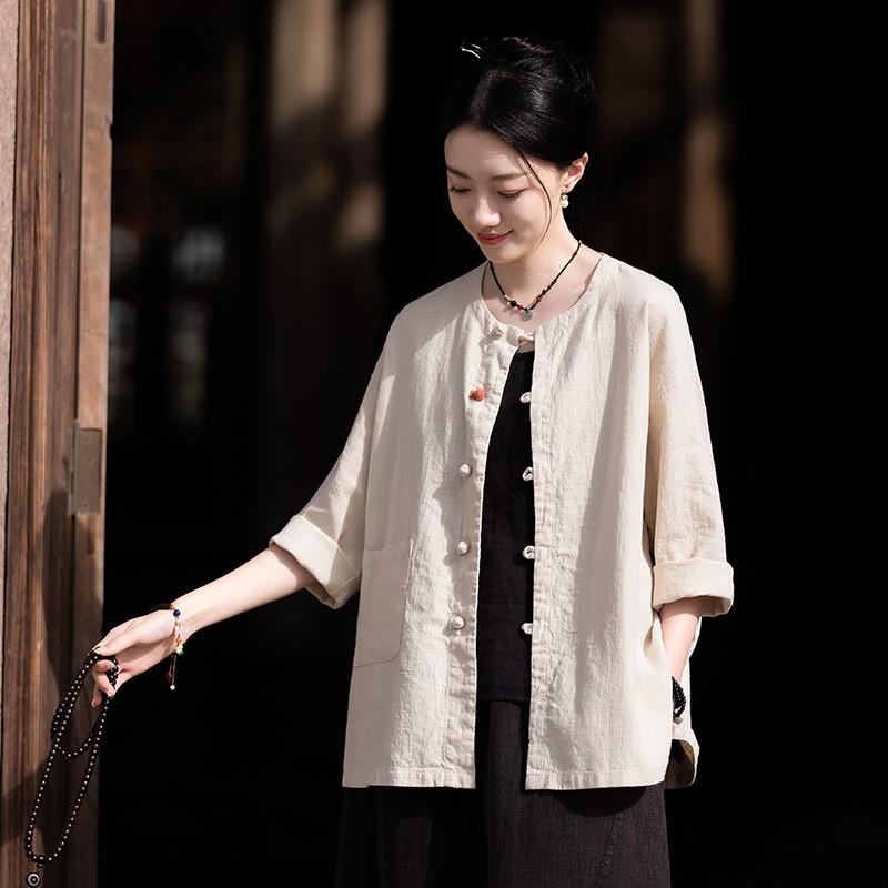 Johnature Women Vintage Shirts Tops Solid Color O-Neck Seven Sleeve Spring Button Women Chinese Style Blouses