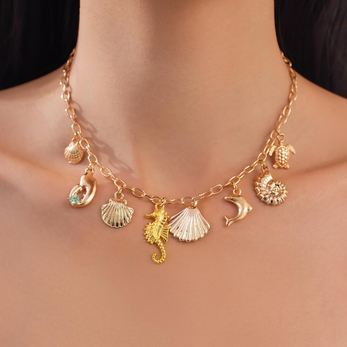 

SHIXIN Starfish Conch Love Heart Imitation Pearl Red Chili Pendant Necklace Women Adjustable Clavicle Chain Summer Beach Jewelry