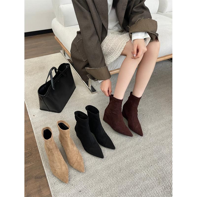 

Sheepskin version~ retro suede pointed short boots women s slope heel elastic thin boots French temperament thick-soled Martin boots 40 абрикосовый