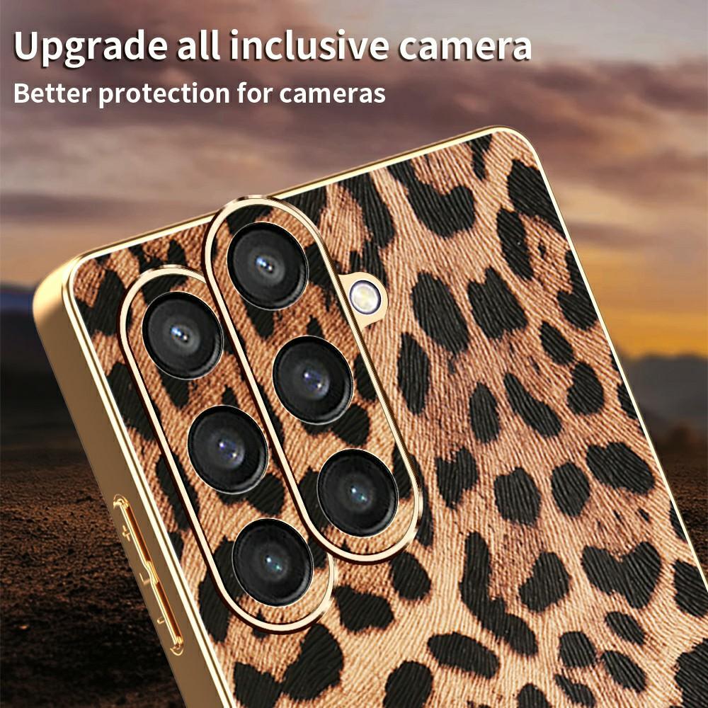 For Samsung Galaxy S23 FE Case Leopard Print PU Leather Coated PC+TPU Electroplating Phone Cover