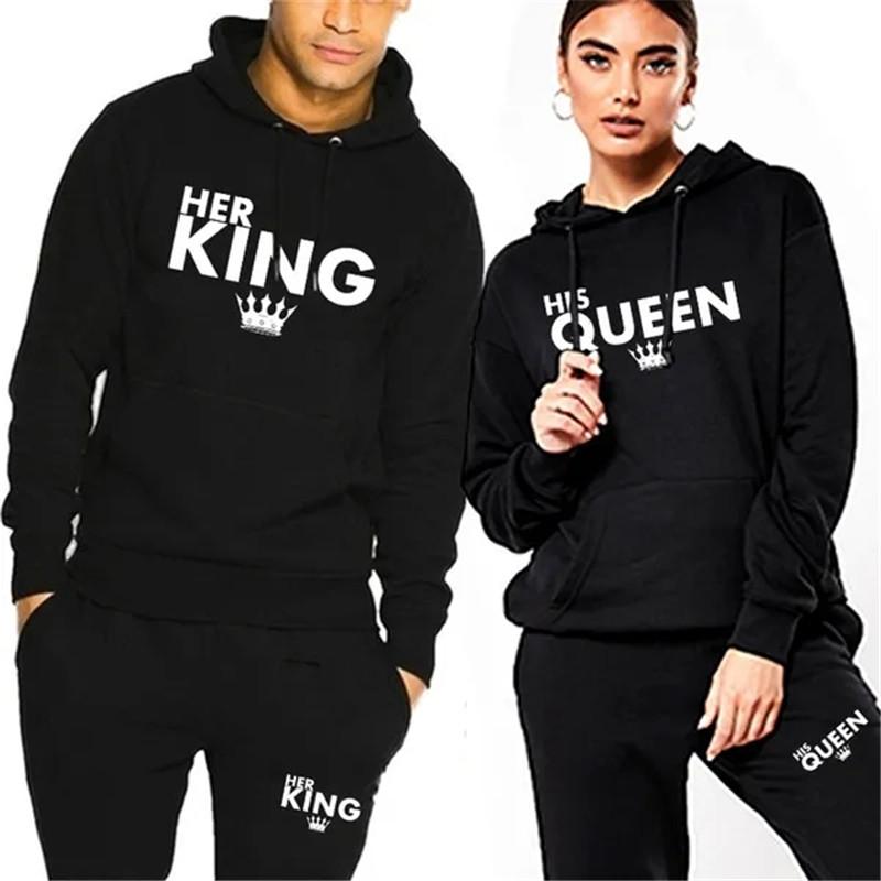 Lover Her QUEEN or His KING Printed Tracksuits Couple Hoodies Outfit Suits Casual Hooded Sweatshirt + Sweatpants Two Piece Set Sport Wear Men’s
