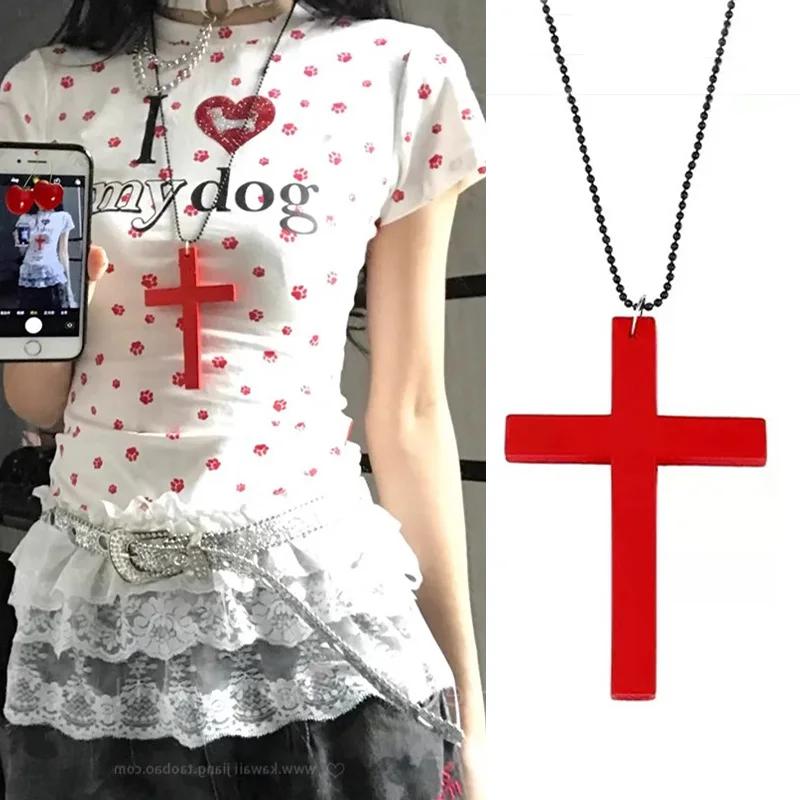 

New Cool Punk Gothic Wood Cross Pendant Necklace for Women Men Vintage Black White Hip Hop Necklace Party Jewelry Gift красный