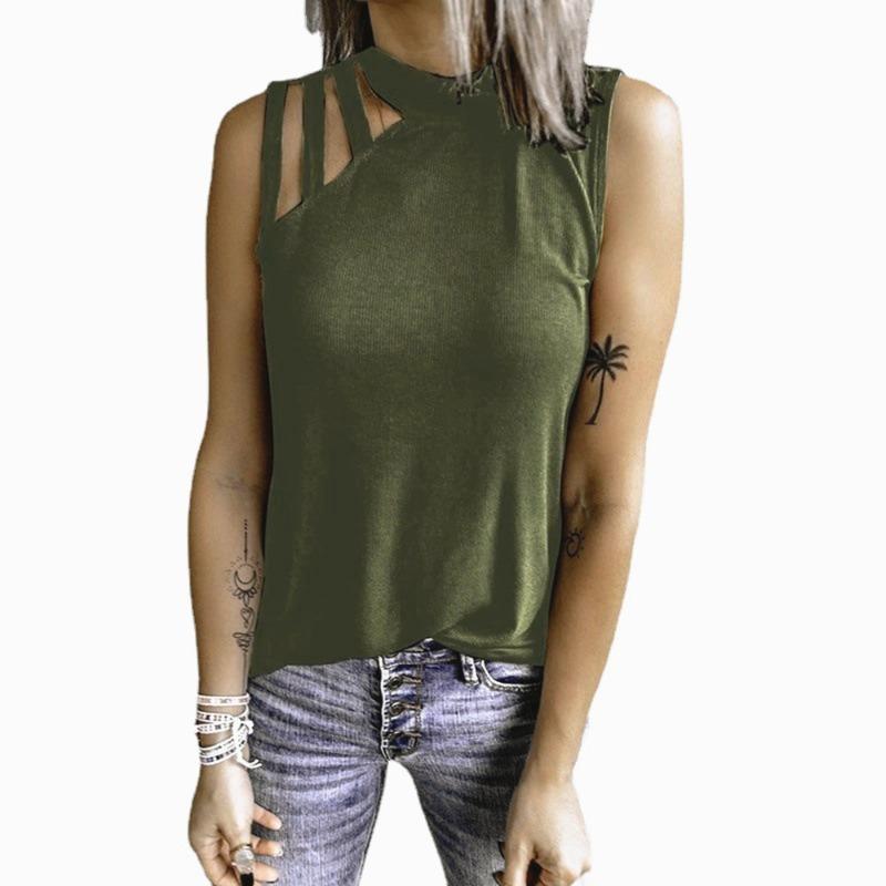 

Круглый вырез горловины летний асимметричный плечевой ремень женский приталенный жилет футболка L армия зеленый