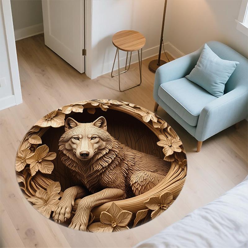 Wolf, Gorilla, Fox, and Wildebeest  Round Area Rug,Carpet Rug for Living Room Bedroom Sofa Playroom Decor,Non-slip Floor Mat