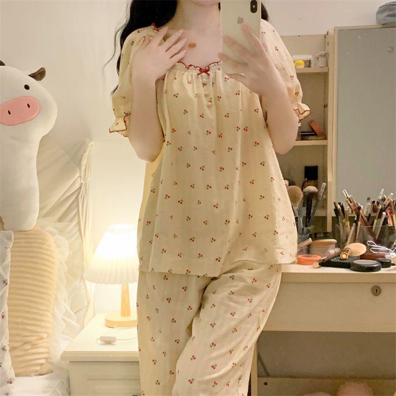 Niedliches Prinzessinnen-Pyjama-Set im koreanischen Stil: Kurzärmeliges Oberteil & Langärmelige Hose für Damen