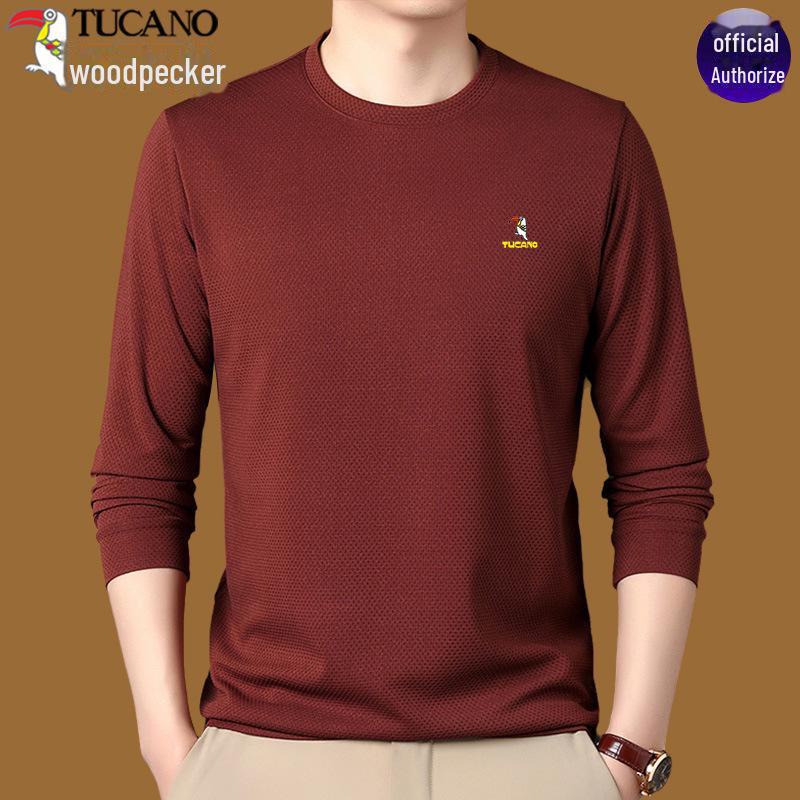 Woodpecker Men's Cotton Long-Sleeve T-Shirt for Midlife and Older - Spring/Autumn Base Layer